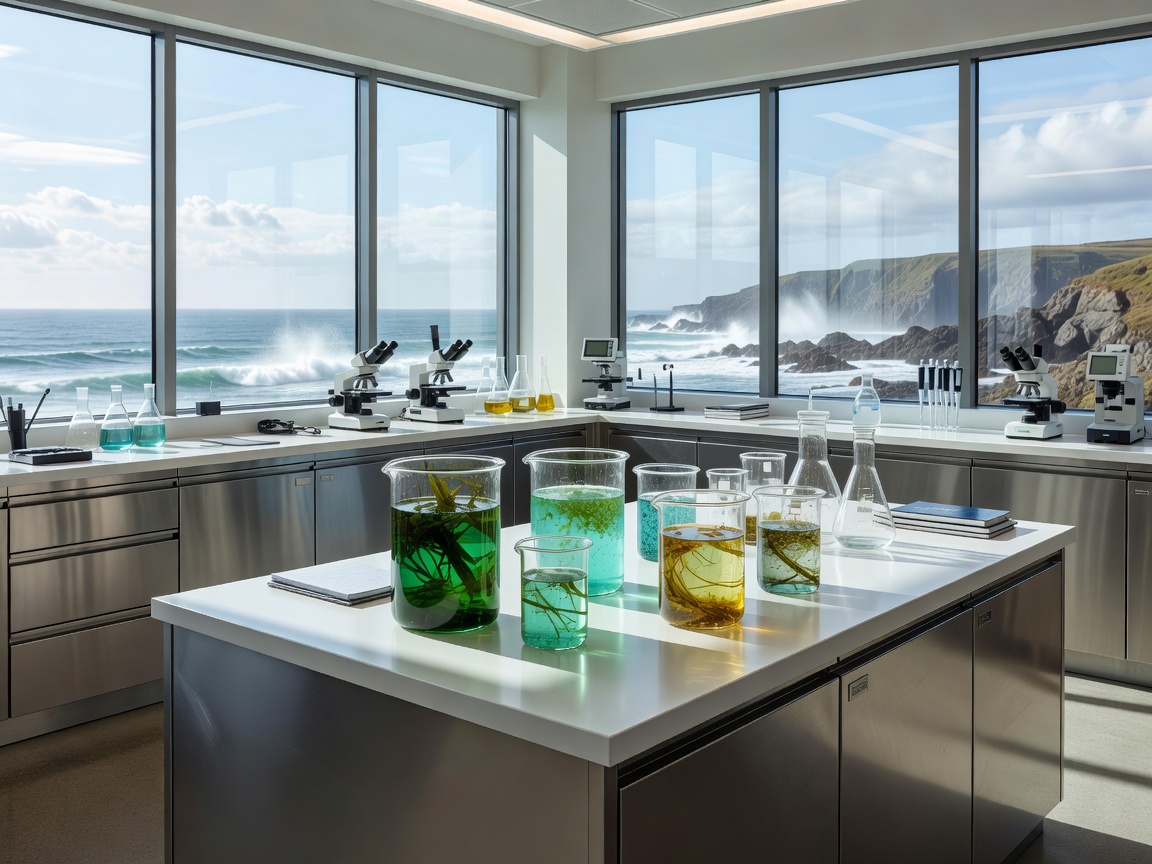 Modern clean research laboratory with glass beakers containing ocean marine botanical extracts