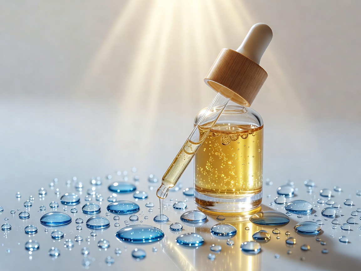 Clear glass serum dropper displaying golden ocean botanical active liquid