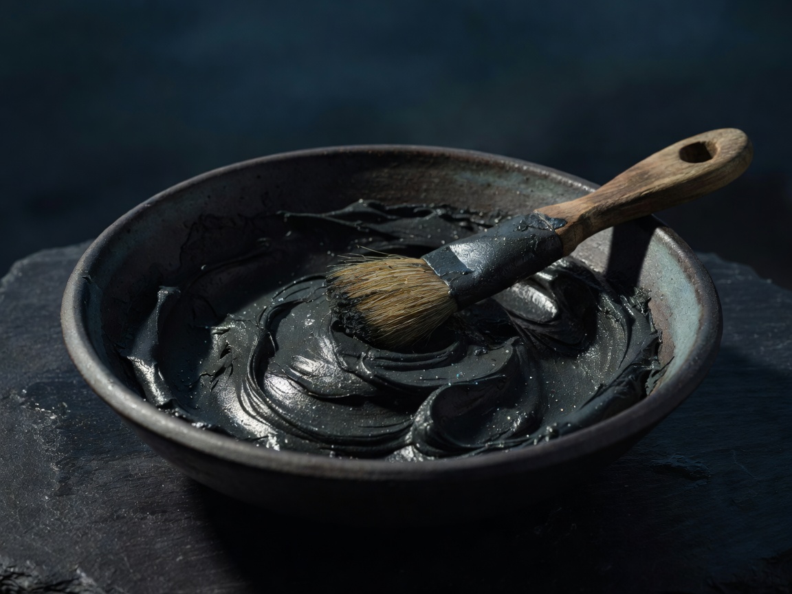 Dark ocean mineral sediment clay mask smoothed inside ceramic bowl with applicator brush