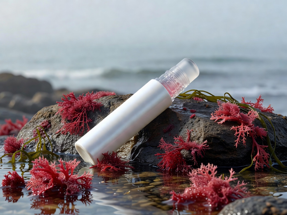 Cooling ceramic roller eye tube serum highlighting red marine algae active ingredients