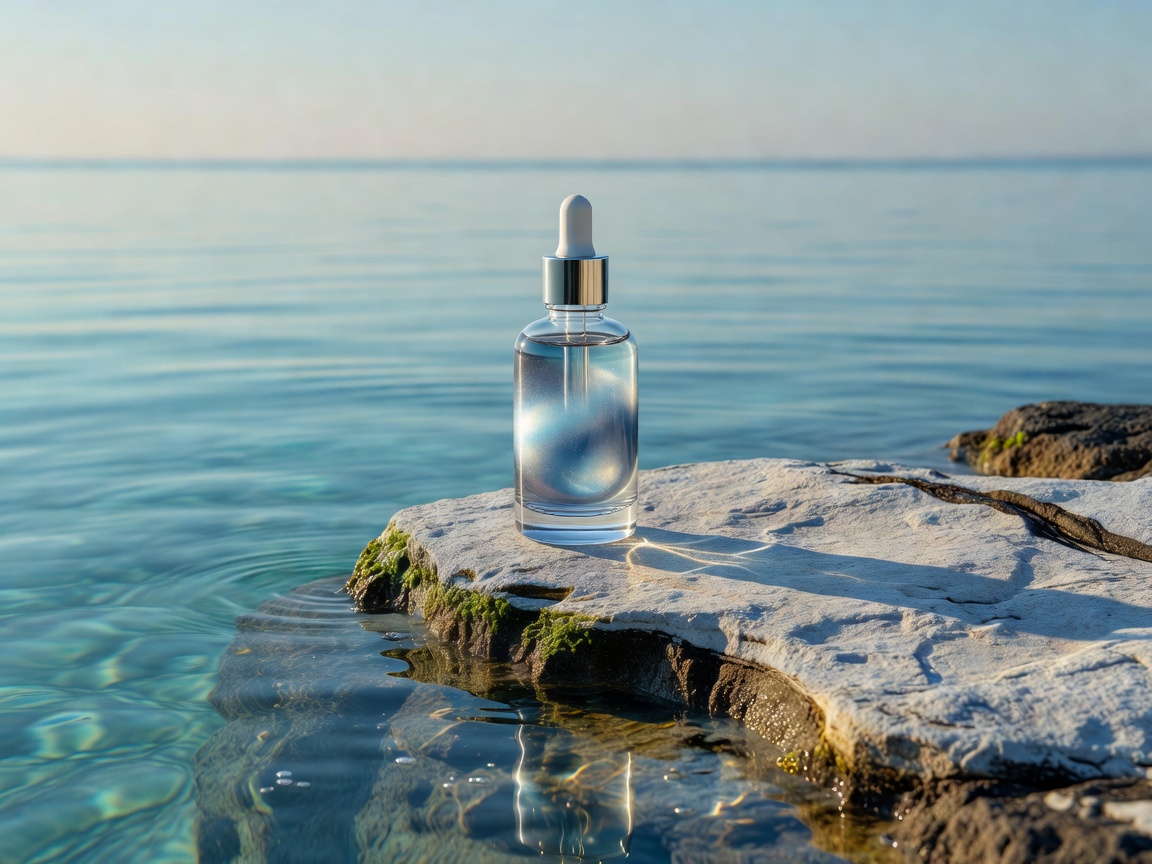 Minimalist glass luxury dropper bottle sitting on a pristine coastal rock edge surrounded by clear sea water