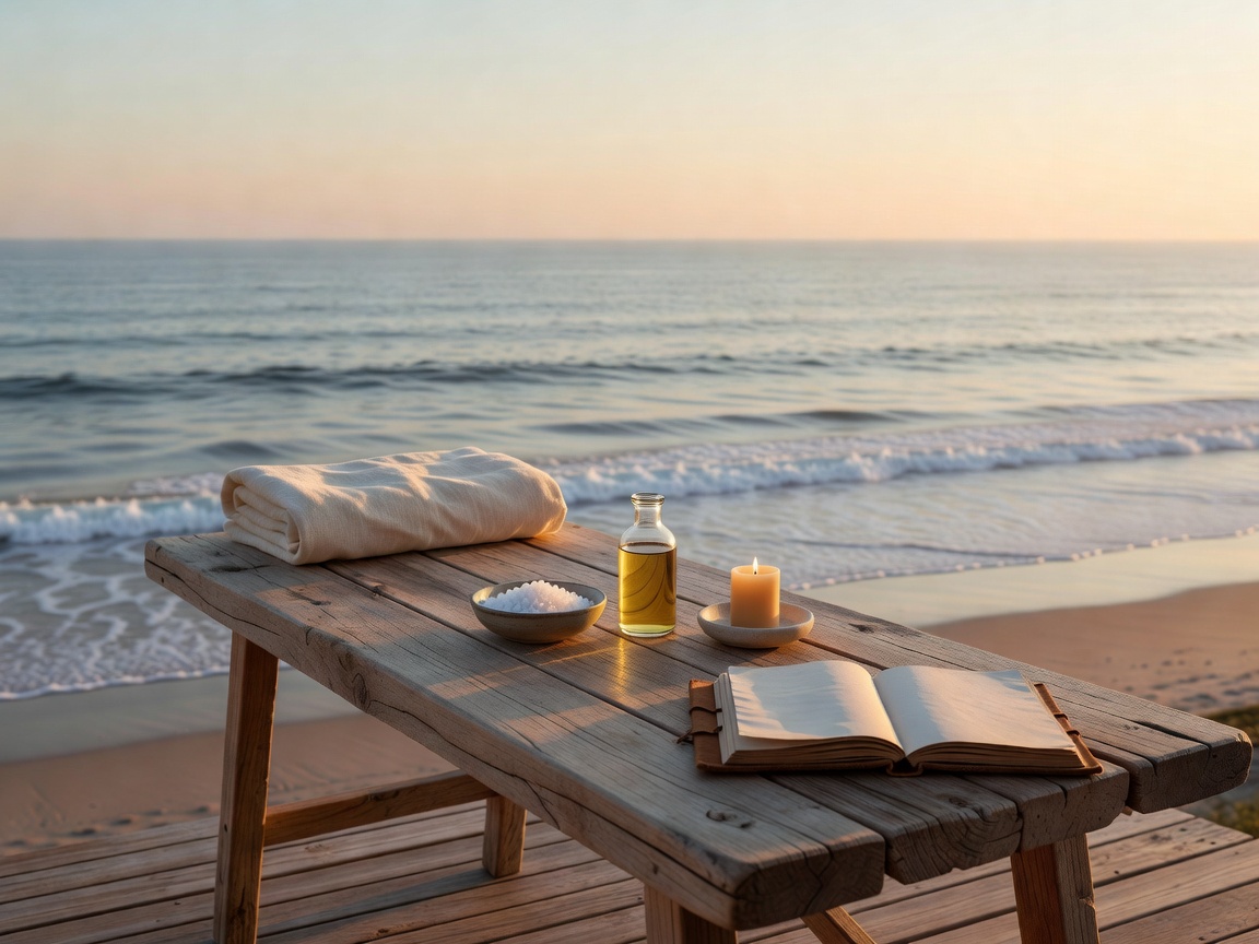 Serene coastal spa setting with natural wooden massage table overlooking peaceful ocean waves