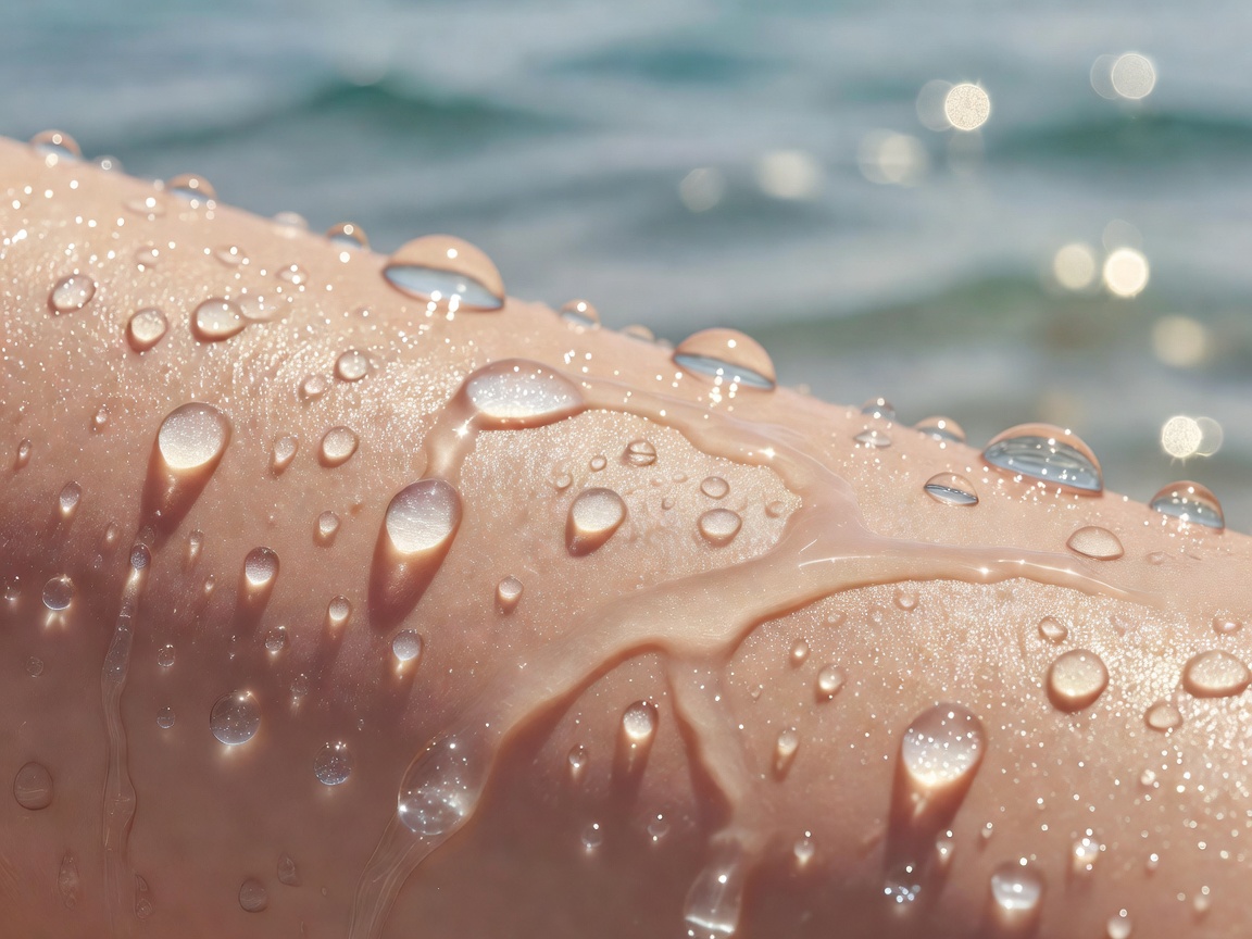 Close-up of sparkling ocean water droplets on glowing smooth healthy human skin