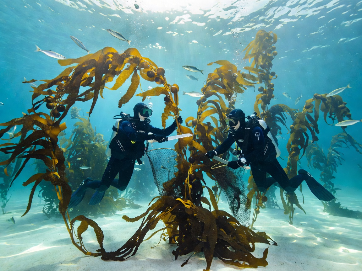 Sustainable wild sea kelp harvesting underwater in clear ocean waters