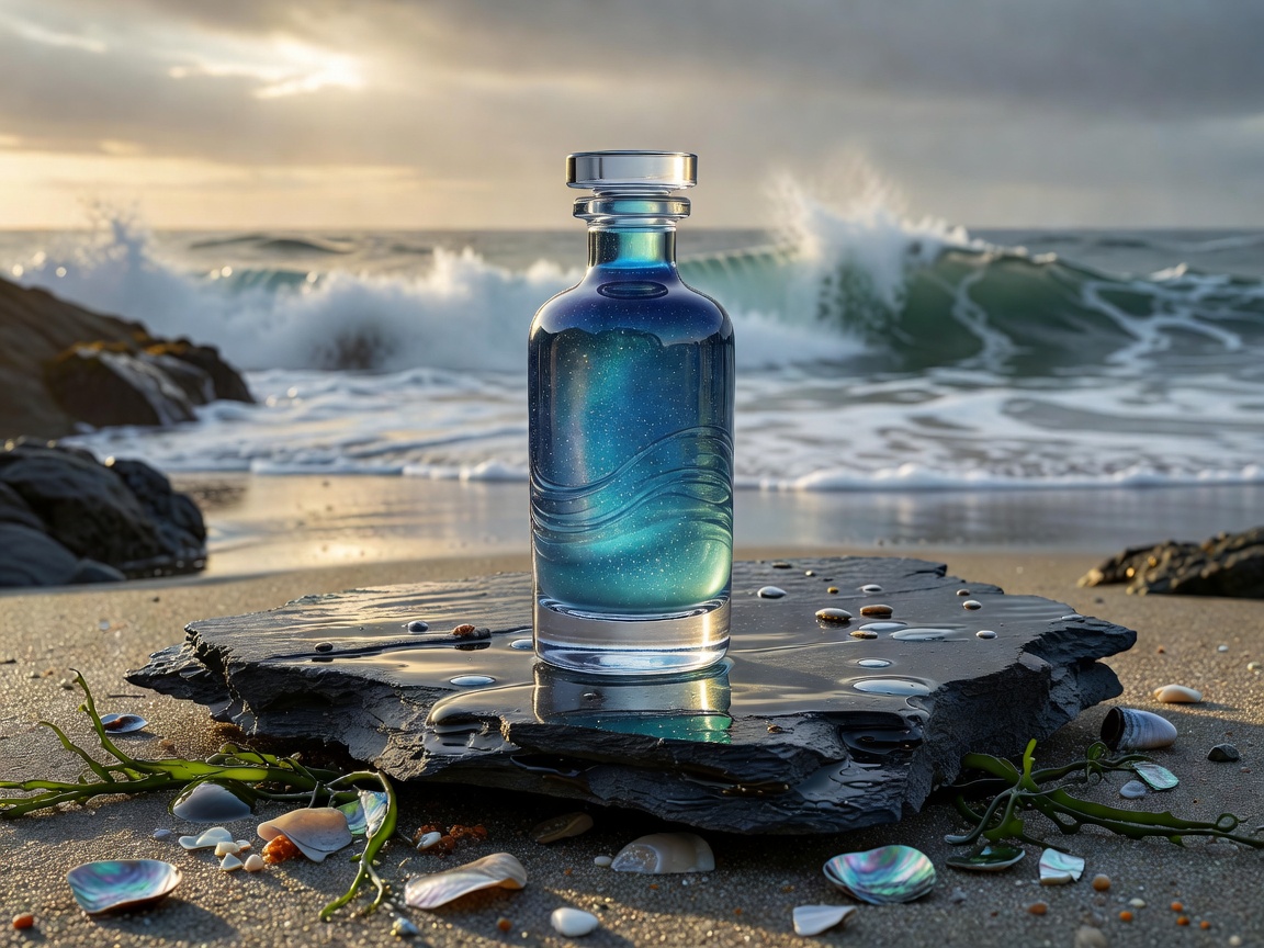 Deep Pacific Mineral Elixir vial on soft sand backdropr with seafoam highlights