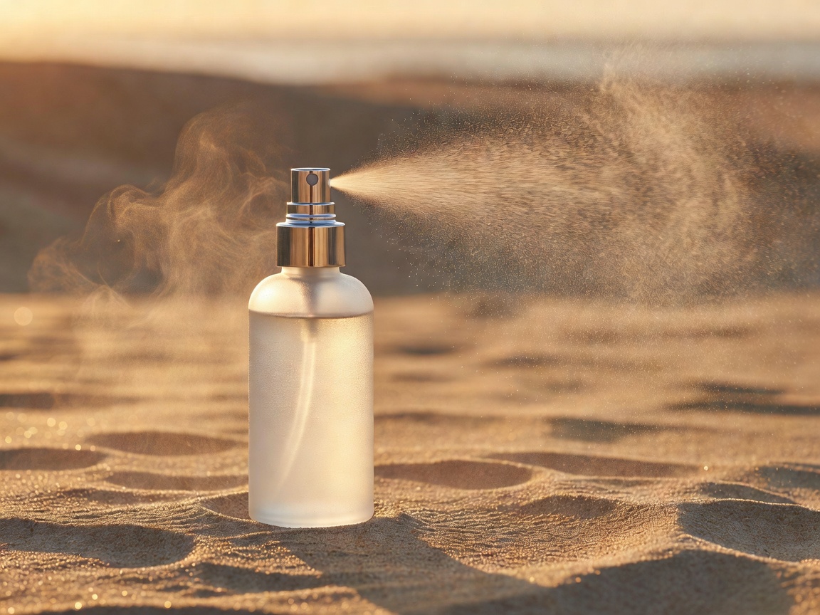 Frosted spray bottle releasing fine mineral water mist against warm sand background